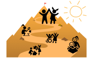 a mountain with a path and children making their way up